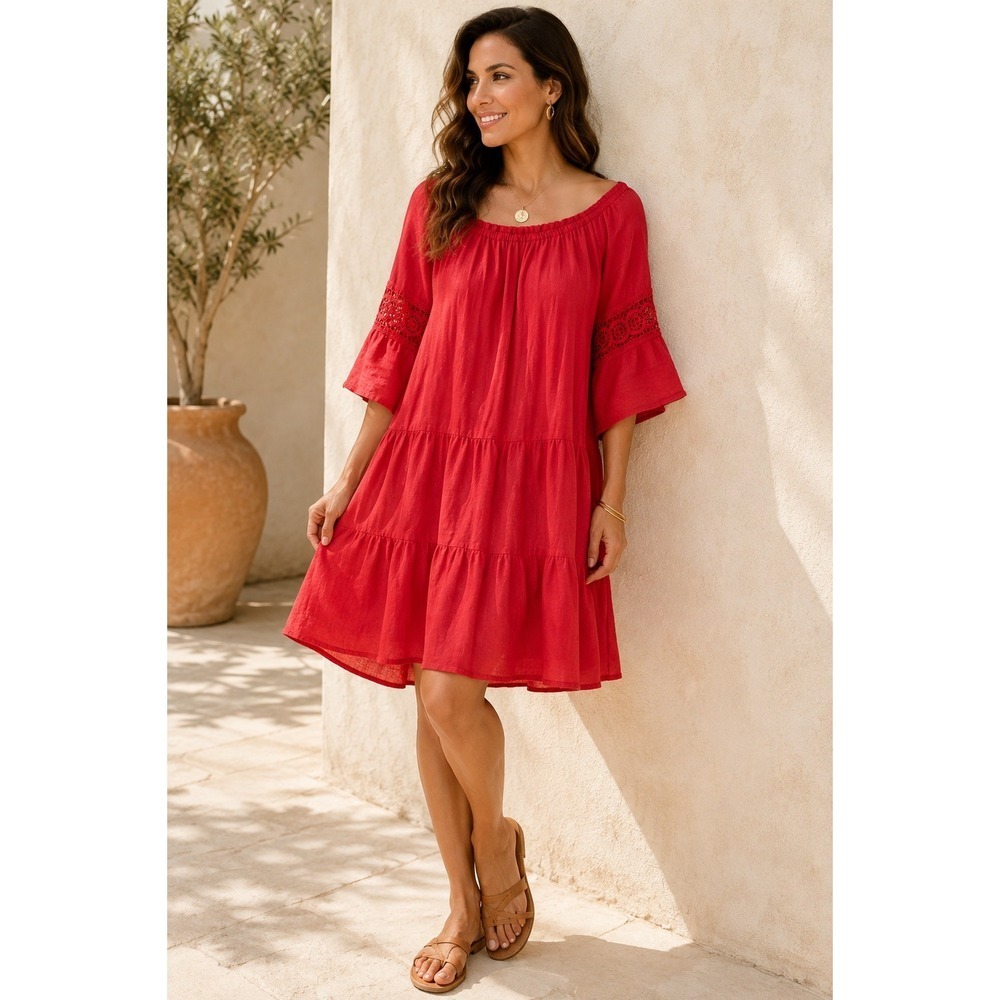 Terzo Millennio 100% Linen Dress M Red Made Italy Crochet Boho Tiered Peasant